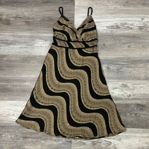 Vintage 90s Fresh Twist Black Tan Gold Womens 8 Beaded Sparkly Silk Blend Dress